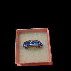 Stainless Steel Sapphire Blue Crystal Ring  Size 6.5